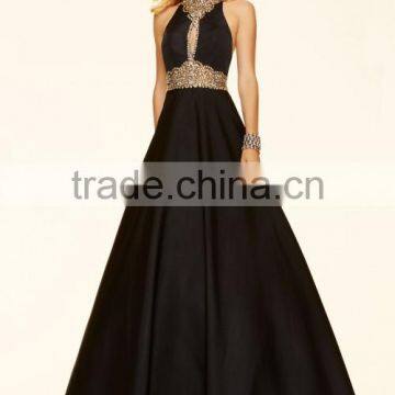 A-line High Neck Beading Stones Satin Prom Dresses 2016 photo-4