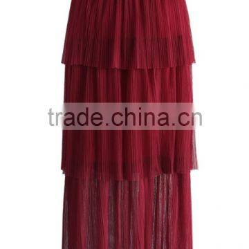 2016 Guangzhou Shandao Supplier Latest Model Good Quality Women Summer Casual 3 Layers Pleated Red Long Chiffon Skirt photo-5