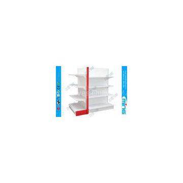 White and Red Double Sided Supermarket Display Shelves Solid Panel With End Cap