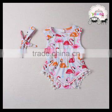 2016 yawoo summer baby girl clothes flamingo patterns sleeveless pom pom baby rompers