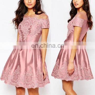 Alibaba Designer One Piece Party Dress Pink Midi Prom Dress With Embroidery and Cap Sleeve