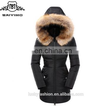 2016 BAIYIMO Long Sleeve Long 90% Down Parka Fur Plain Women Winter Jacket Overcoat