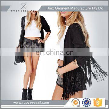 Europe America Spring Hansome Tassels design black sexy chamois casual leather jacket for women