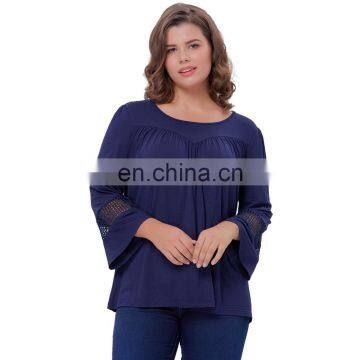 Hanna Nikole Women's Casual Loose Comfortable Flared Sleeve Crew Neck Navy Blue Tops Plus Size 0X~3X HN0024-3