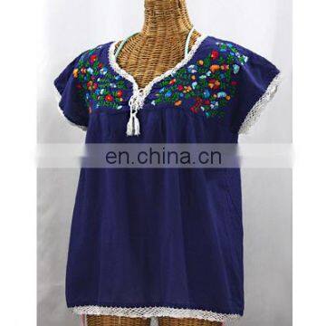 Handcrafted Tunic Multi Embroidered Mexican Stylish Dress 100% Cotton Blue Fabric Tunic For Girl's Colored Tunic