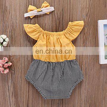 Hot Sale Wholesale Baby Clothes Yellow Plaid Lace Ruffle Baby Romper photo-2