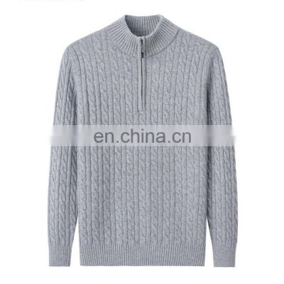 Men Merino Wool Cable Knit Quarter Zipper Pulover Sweater