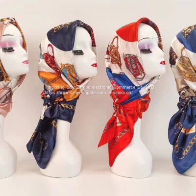 Scarf Head Muslim Spring and Summer Variety of Beautiful Form Satin Ribbon Hat Set Hui Casual Headscarf 90cm Color DING Square Towel photo-2