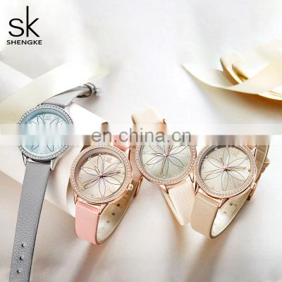 SHENGKE New Flower Ladies Watch Dazzling Diamond Dial Quartz Watch Quality Leather Band Watches Custom K0146L Reloj Para Mujer