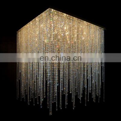 Modern Square Shaped Chandelier with Crystal Beads Chrome Silver Finish Flush Mount LED Light Fixtures for Living Room Villa