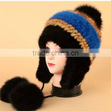 Ladies Fashion Winter Bomber Hats Natural Mink Fur Knitted Hat With Fox Fur Ball