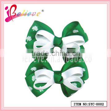 America hot sale green hair accessories wholesale fancy grosgrain handmade clover ribbon bow hairgrips (SYC-0002)