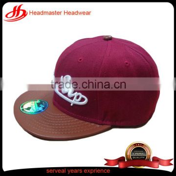 Fashion custom embroidered pu brim hip-hop cap for sale dull-red soft cotton snapback hats