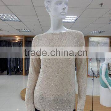 High quality fake 2 piece set sequin yarn crew neck long sleeve sweater back panel chiffon
