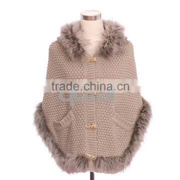 QD30544 Fashion Wool and Acrylic Knit Sweater Poncho Shawl with Raccoon Fur Collar Newest Fur Goods 2014