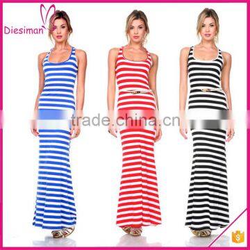 Casual Design Women X-back Sleeveless Rayon Spandex Stripe Tank Dress Long Maxi Dress