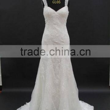 Beading lace trim small A-line wedding dress with two straps
