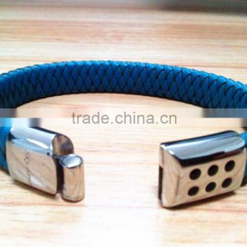 2015 fashion wide braided cow leather wristband with Stainless steel magnetic clasp