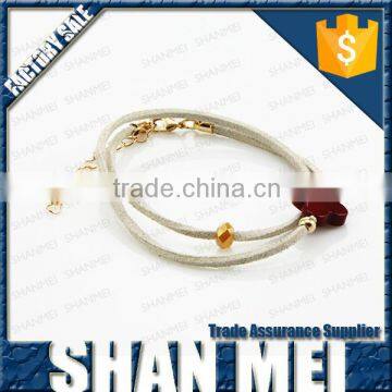 new fashion leather bracelet with four leaf stone bead and several gold beads