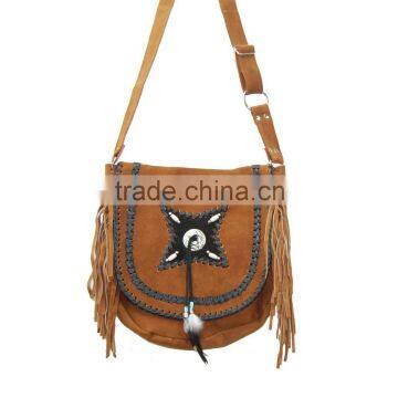 Brown Native Western Style Suede Leather Beaded Shoulder Bag Fringed Brown