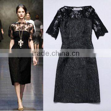 2016 Summer Fashion Women Horizontal Collar Half Sleeve Dobby Cotton Patchwork Dresses See Through Black Lace Sexy Tunic Dress