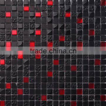 JTC-1322 2015 Foshan wholesale red crystal mix black mirror and wave stone mosaic chips dark color mosaic tiles