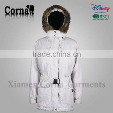 2016 warm women poly filling jacket with fur hood