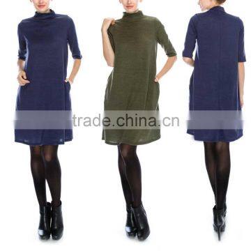 fashion women clothing 95% polyester / 5% spandex Half Sleeve Pockets 2017 Mock Neck straight dress for office