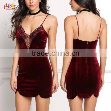 Sexy Wine Velvet Plunge Lace Trim Bodycon Dress HSD7796