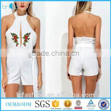 jumpsuit for women 2017 fashion halter neck embroidered chest hollow out backless white romper