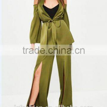 Picture of Office Ladies Cold Shoulder Tie Waist Satin Blazer Green Two Piece Sets for Office Ladies photo-2