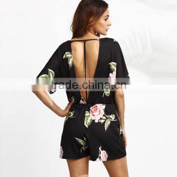 HAODUOYI Women Sexy Print Backless Crew Neck Breasted Romper Beach Party Short Sleeve Jumpsuit photo-3