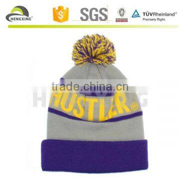 Gray And Purpule Canada Text Custom Knitted Pom Beanie Hat photo-3