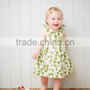 New Fashion 100% Cotton Material Pattern Girls Print Green Leaves Dress