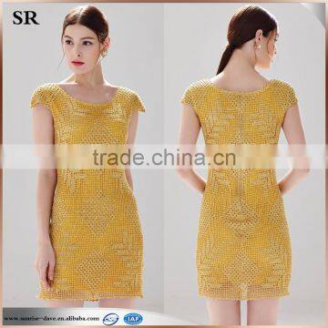 Grid pattern design shinny gold metallic effect ladies formal slim lace fashion dress SR-D9791