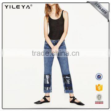 2016 Sequins decor new model highwaist jeans woman jeans pants