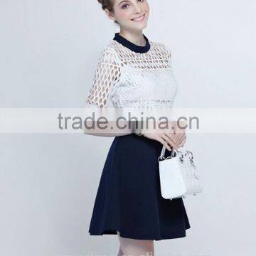 Office Ladies White Checked Navy A Line Dress