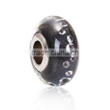 Lampwork Glass & Cubic Zirconia European Style Large Hole Charm Beads Round Black Clear W/ Stainless Steel Silver Tone Core