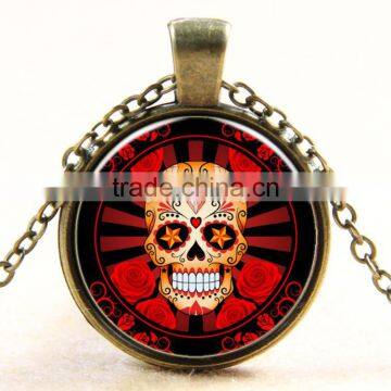 XP-TGN-S-132 Lady Round Glass Mandala Time Gemstone Pendant Skull Dome Cabochon Necklace In Glass