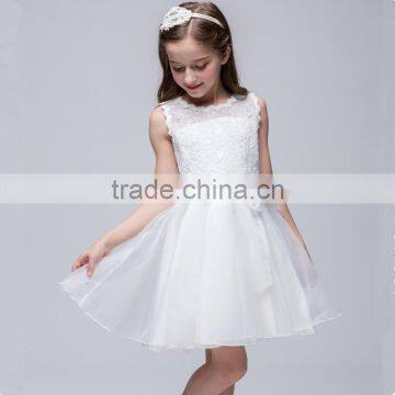 High end elegant children girl princess non sleeve white lace dress patterns designs