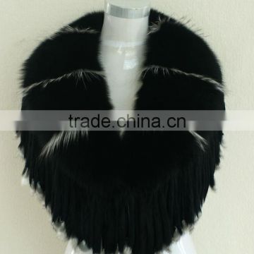 YR279 Black Fox Fur Collar Genuine Fox Fur Scarf With Rabbit Fur Tassel