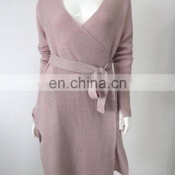 2017 last fashion elegant v neck belt style knit pure cashmere long cardigan