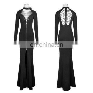 Gothic black longsleeve maxi dress with laced chest and back Q-301 Punk Rave