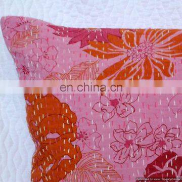 Pink Floral Indian Colorful Designer Cotton Kantha Sofa Cushion Covers/Handcrafted Ethnic Kantha Work Pillow Cushion Cover Art photo-2