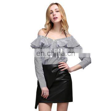 Off Shoulder Stripe Tops Clothes Ruffle Slash Neck Shirt Women