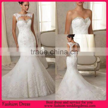 Hot Sale Elegant Key Hole Back Beaded Neckline Alibaba Wedding Dress Mermaid Gown With Lace Applique