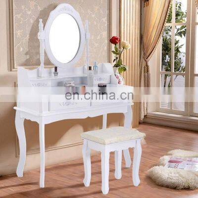 White Vanity Jewelry Makeup Dressing Table Set 4 Drawer Mirror Wood Desk portable makeup table