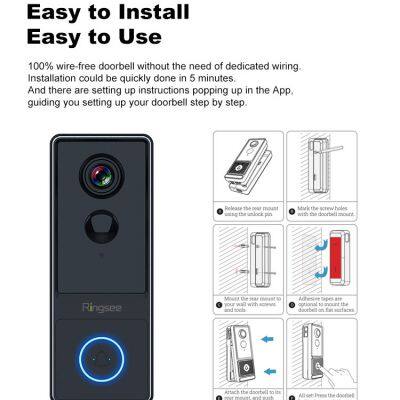 Ringsee Battery Powered Video Doorbell Smart Life Wireless Wifi Door Phones Waterproof 1080p HD Doorbell Phones Camera for Home