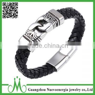 Mens Leather Punk Rock Bracelet 316L Stainless Steel Charms Clasp