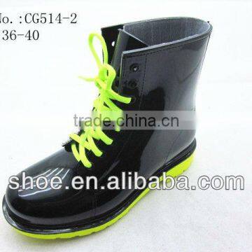 fluorescent yellow shoelacve pvc rainboot for women